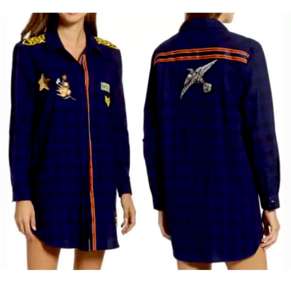 Sam Edelman sleep shirt, blue and black plaid with patches. Women’s size medium